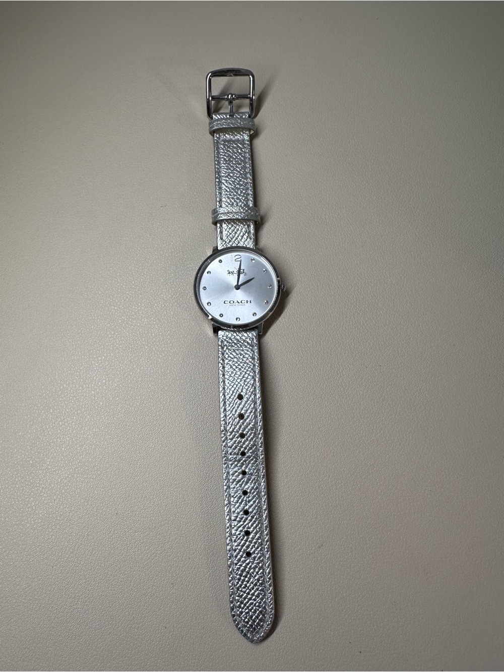 Coach Metallic Silver Leather-Strap Watch